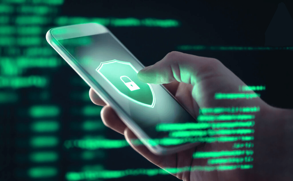 A person holding mobile phone and shows a logo of logo used as security in Technology.
